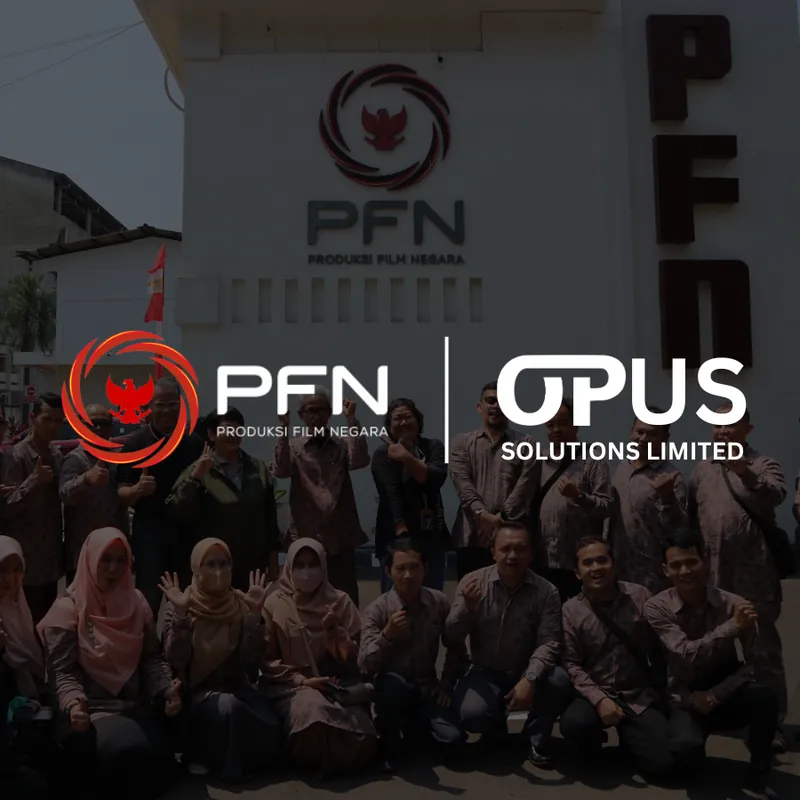 PFN and Opus Solutions Limited logos over a group photo at Produksi Film Negara